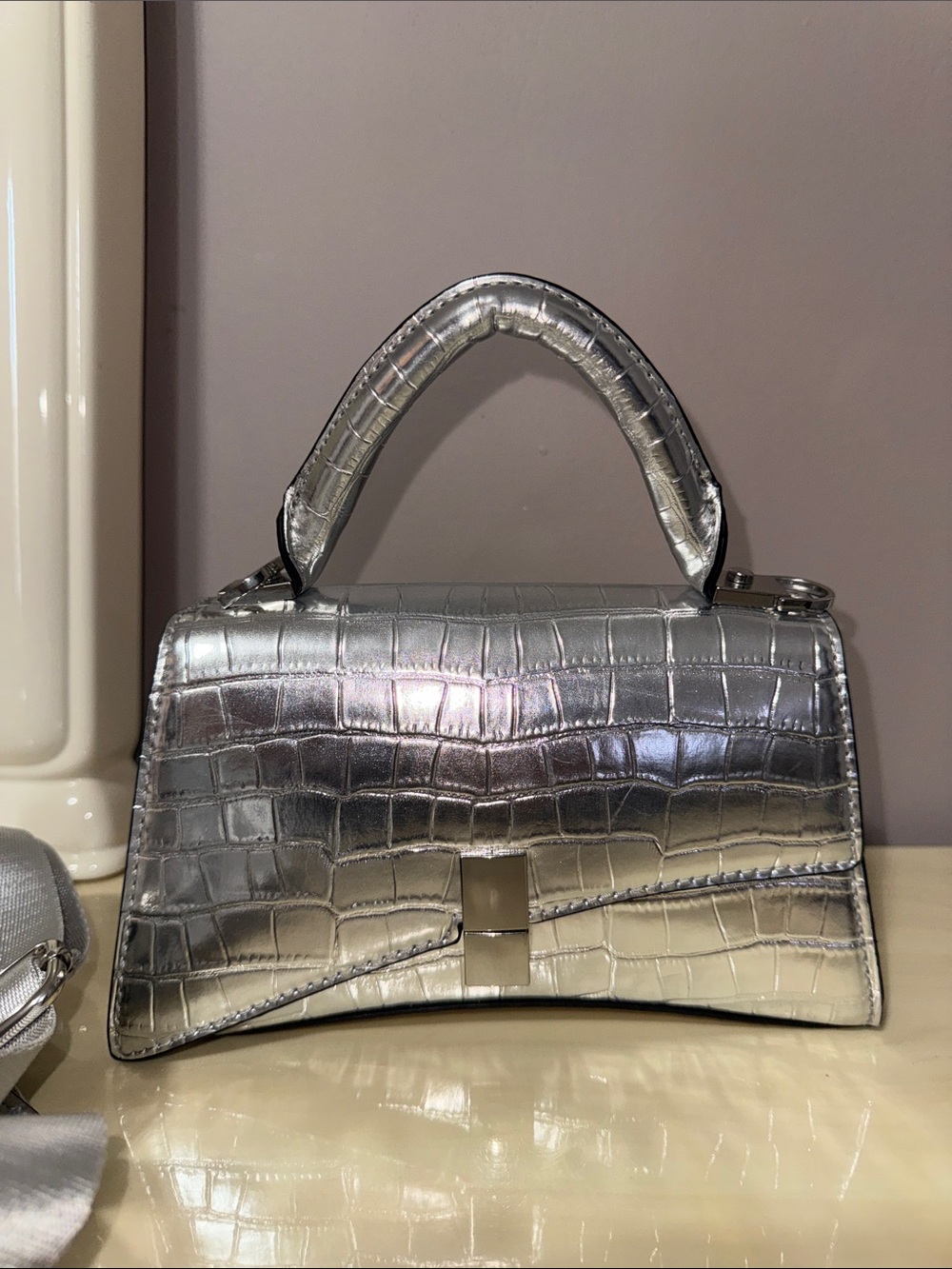 Aldo Silver Croc-Embossed Mini Top Handle Bag